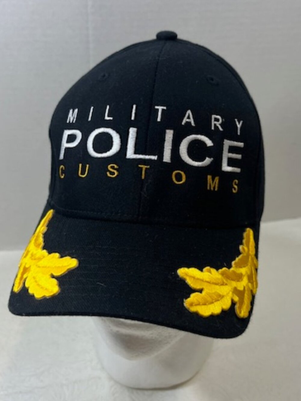 Military Police Customs Flexfit Baseball Hat Embroidered Black Gold Leaves S-M
